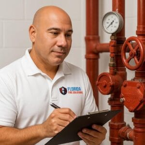 Fire sprinkler inspector completing an NFPA 25 inspection checklist in a commercial riser room in South Florida.