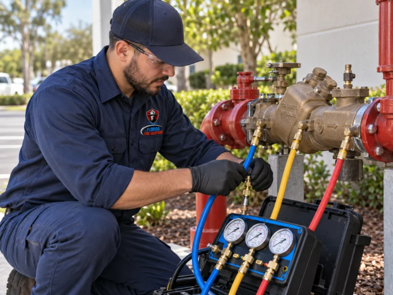 Technician connecting test hoses and a pressure gauge kit to a backflow prevention assembly.