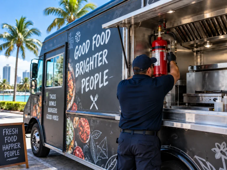 Fire protection technician checking a suppression cylinder beside the cooking hood inside a food truck.