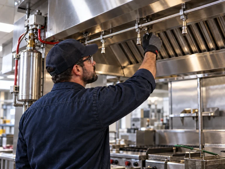 Fire protection technician inspecting suppression nozzles beneath a stainless steel commercial kitchen exhaust hood.