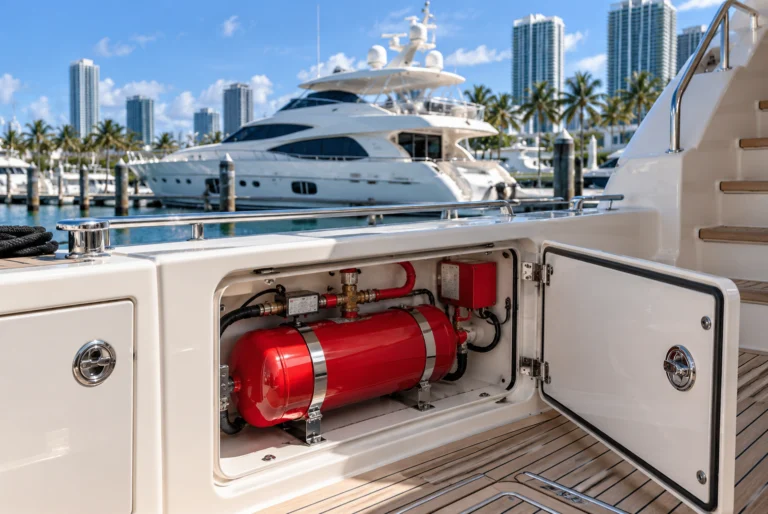 Red marine fire suppression cylinder installed in a yacht compartment at a waterfront marina.