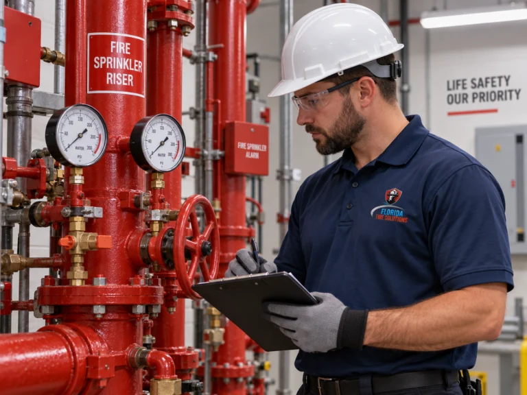 Fire sprinkler technician recording inspection results beside red sprinkler risers, control valves, and pressure gauges.
