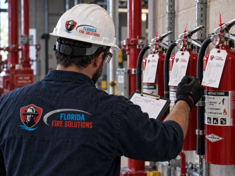 Fire protection technician inspecting tagged portable fire extinguishers.