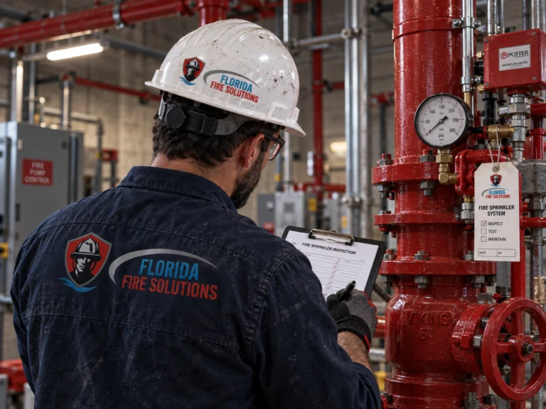 Fire sprinkler technician reviewing an inspection checklist beside a sprinkler riser and pressure gauge.