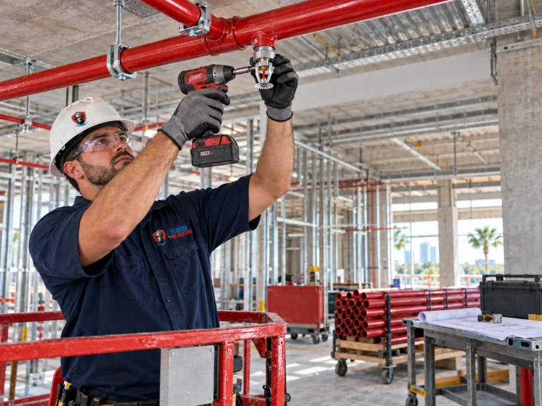 Fire sprinkler technician installing an overhead sprinkler head from a lift inside a commercial building under construction.