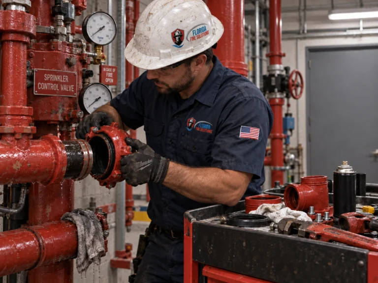 Fire sprinkler technician repairing a red pipe coupling beside sprinkler control valves and pressure gauges.