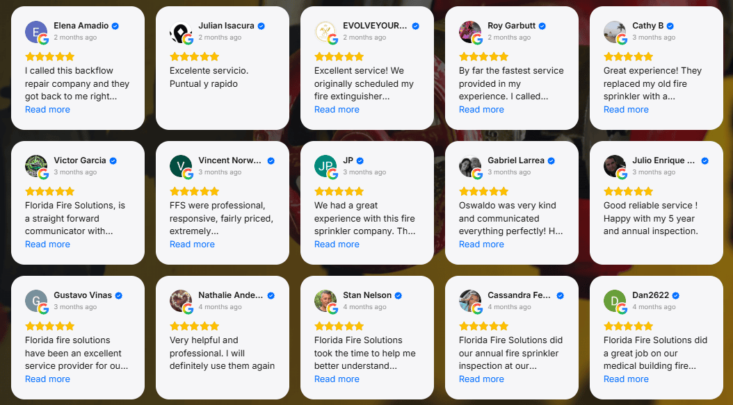 Fifteen five-star Google customer reviews for Florida Fire Solutions, arranged in three rows.