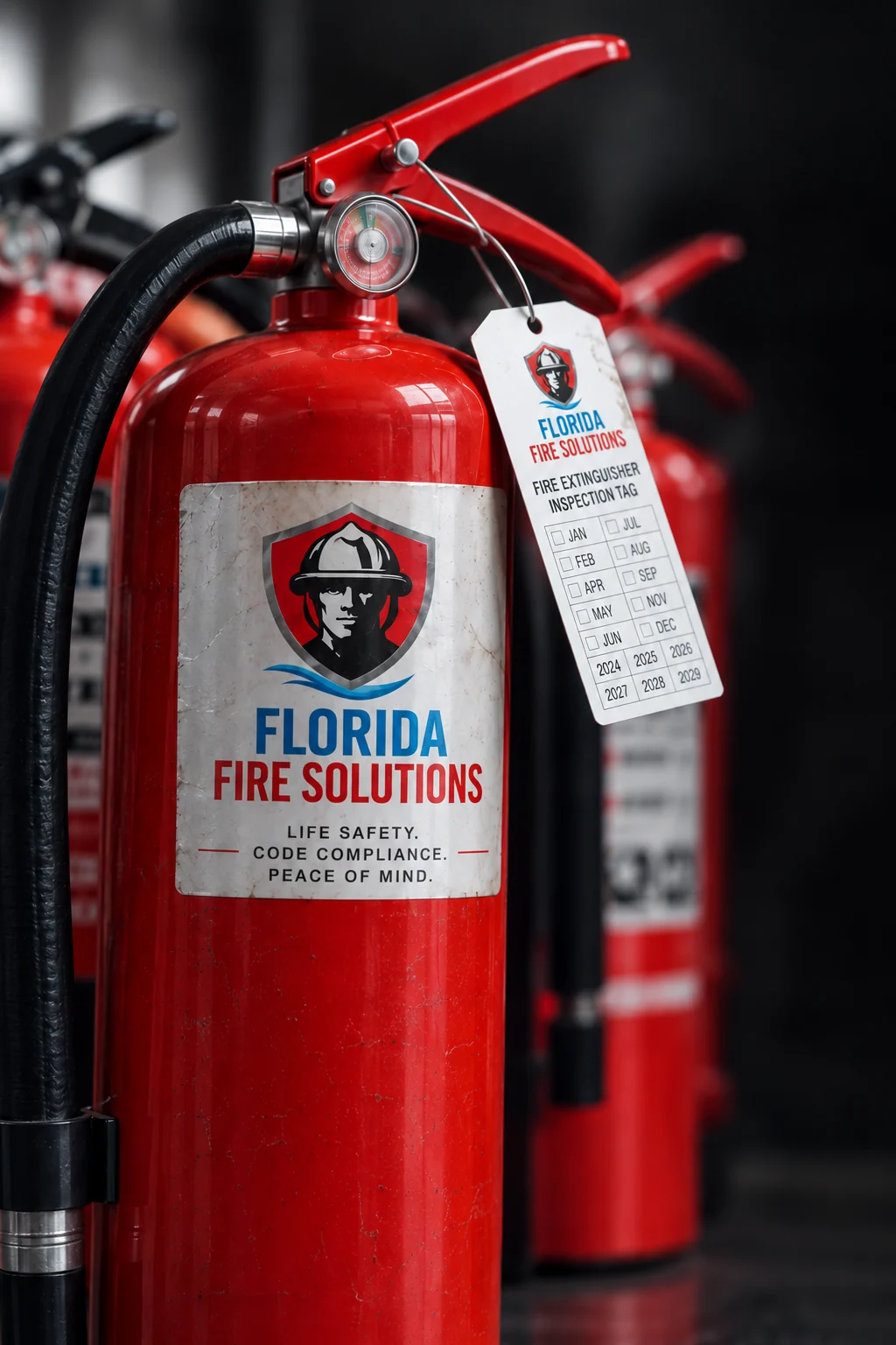 Red Florida Fire Solutions fire extinguishers with an inspection tag
