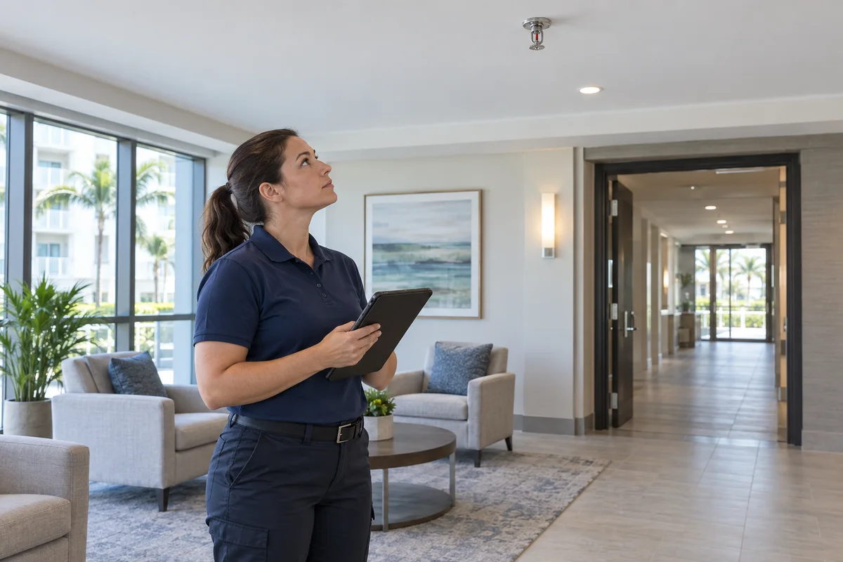 Adult female inspector in a navy polo holding a tablet and looking up at a chrome pendent fire sprinkler in a bright shared condominium lounge with chairs and a hallway beyond.