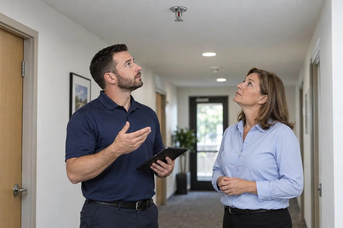 Technician in a navy polo holding a tablet and a building manager in a light-blue shirt looking up at a pendent sprinkler in a clean commercial corridor.