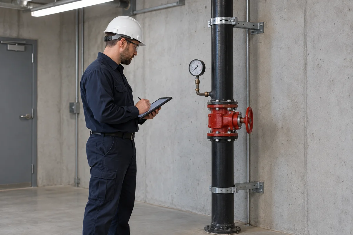 Technician in navy workwear and a white hardhat recording on a tablet beside a vertical black sprinkler riser with a red control valve and connected pressure gauge in a concrete mechanical room.