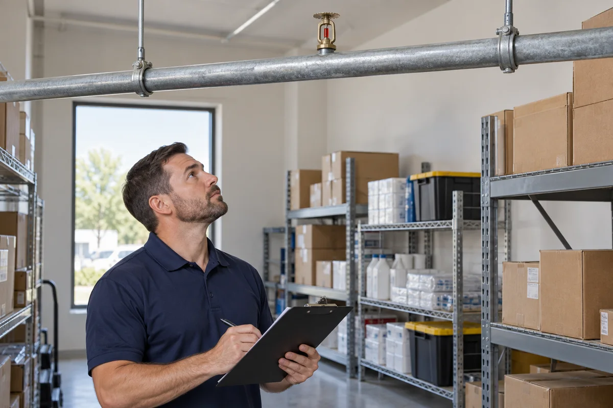Male technician in a navy polo holding a clipboard and looking up at a brass upright sprinkler above suspended horizontal steel pipe in a tidy retail storage room.