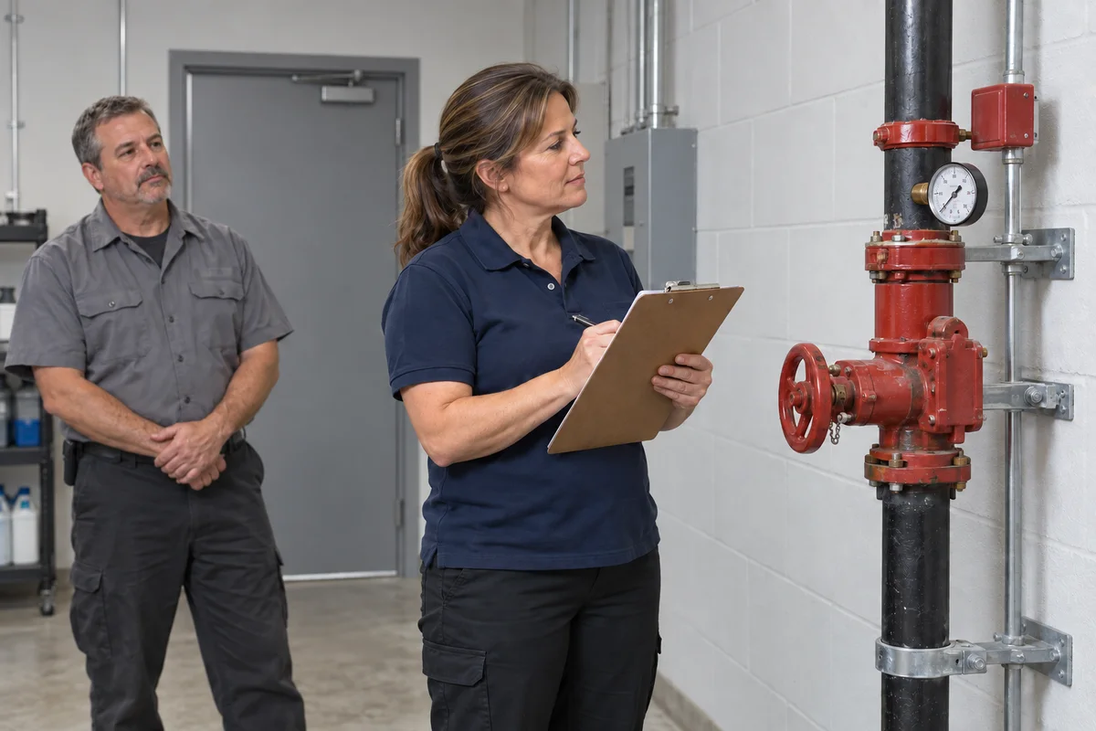 Mature female inspector in a navy polo recording on a clipboard beside a black sprinkler riser with a red control valve and pressure gauge connected by a brass fitting, with a male caretaker standing behind.