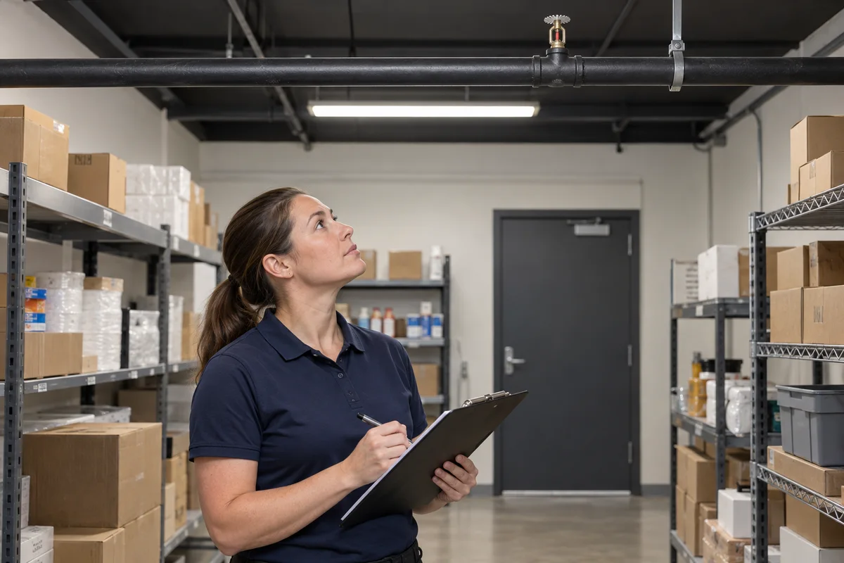 Female technician in a navy polo holding a clipboard in a clear storeroom aisle, looking up at an upright sprinkler on supported horizontal black pipe above low storage shelves.