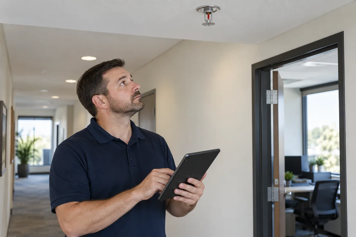 Male inspector in a navy polo holding a tablet in a commercial office corridor and looking up at a chrome pendent ceiling sprinkler, with an office doorway beyond.