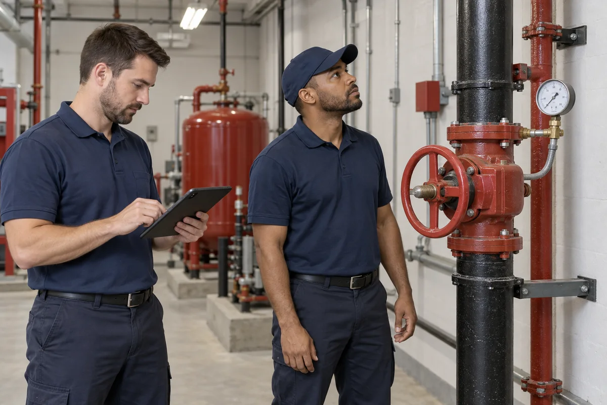 Two technicians in navy workwear beside a black sprinkler riser with a red control valve and connected pressure gauge; one records on a tablet while the other looks upward.