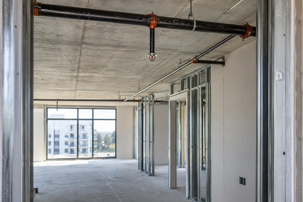 unfinished apartment corridor with multiple unit door openings, overhead black steel sprinkler piping, exposed ceiling framing and concrete floor