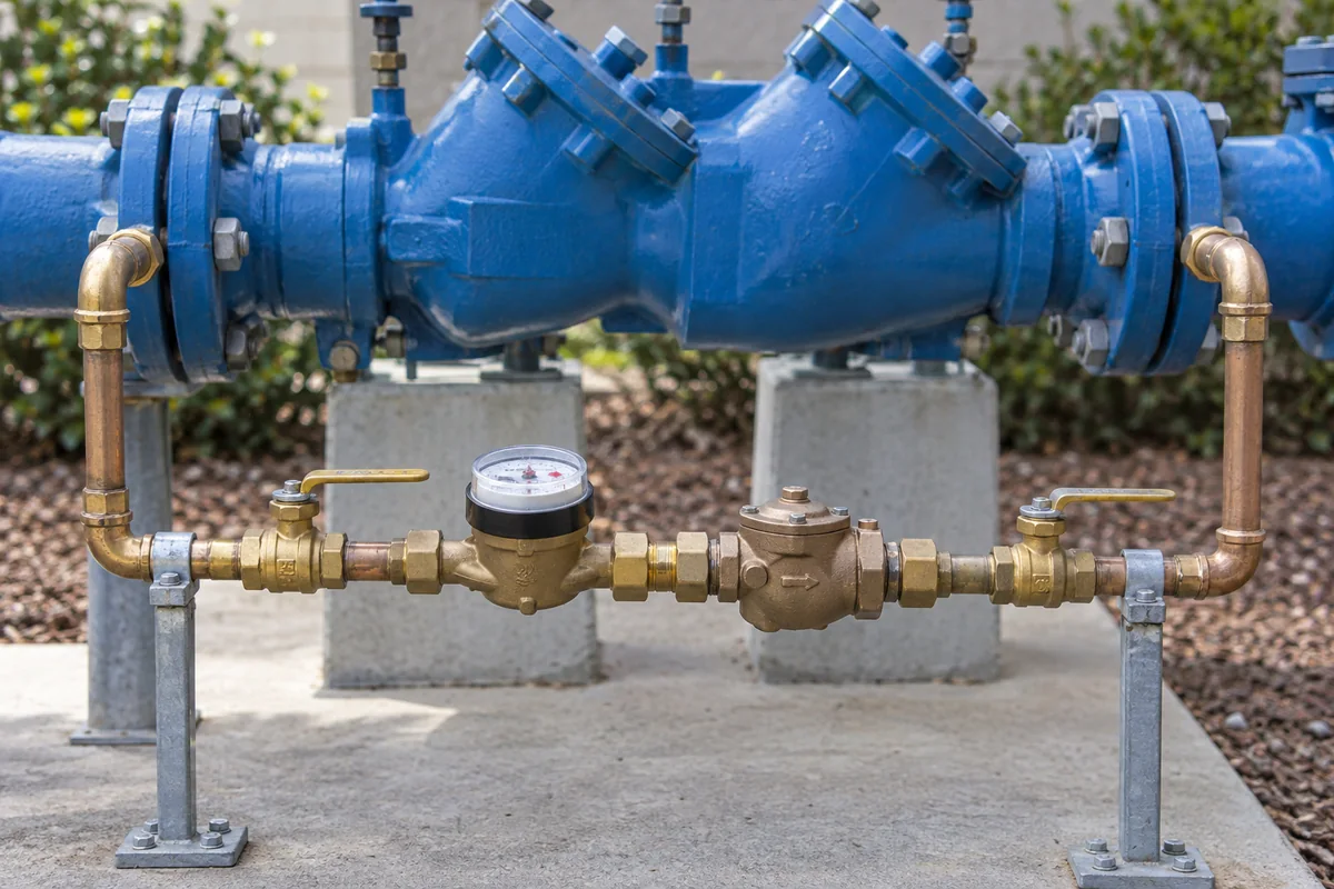 Small brass metered detector bypass line with a compact bronze check component and two lever shutoff valves connected beside a large blue fire backflow assembly outdoors.