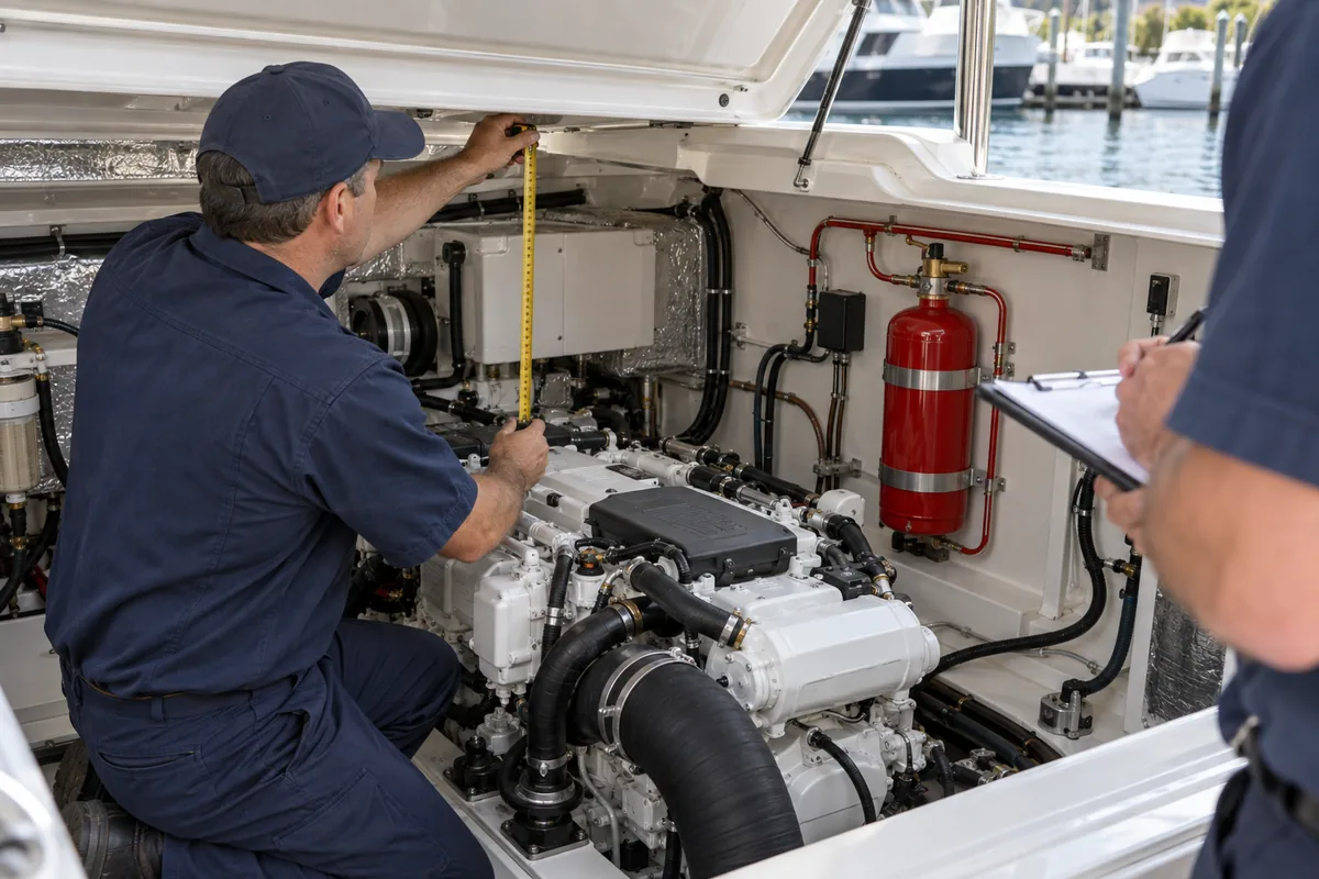 Navy-clad technician using a tape measure beside a white marine engine under an open boat engine hatch while another worker holds a clipboard; a red mounted fire suppression cylinder and red piping are visible.