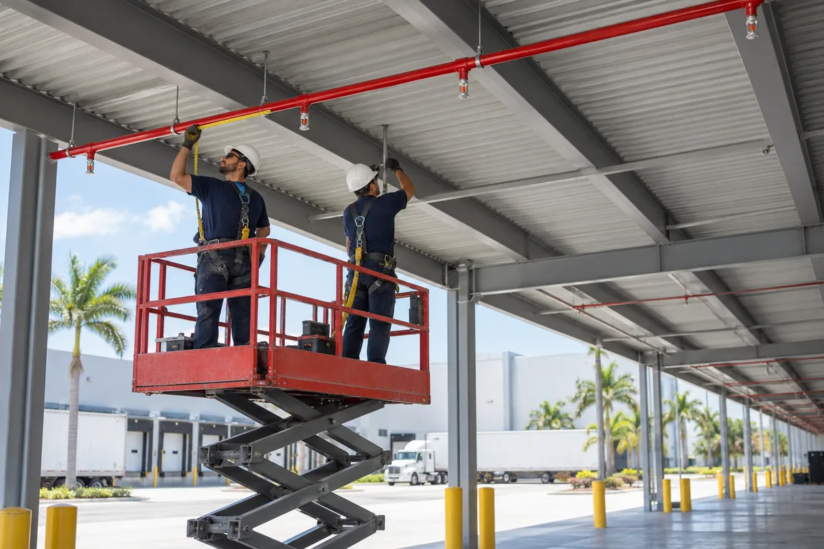 Two hard-hatted technicians on a scissor lift under an open-sided steel loading canopy, measuring and fastening near a red fire sprinkler pipe with downward sprinkler heads.