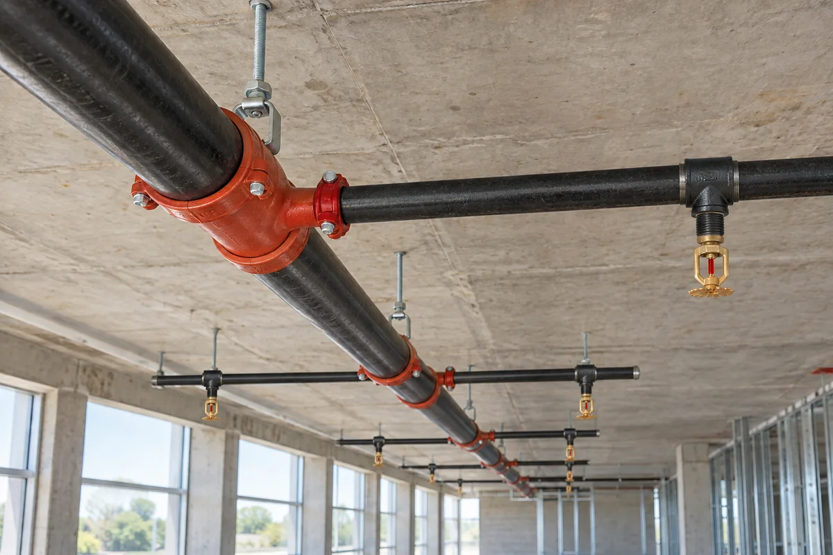 Black steel fire sprinkler main with red grooved couplings, branch piping, short drops and brass pendent sprinkler heads suspended below an exposed concrete ceiling.