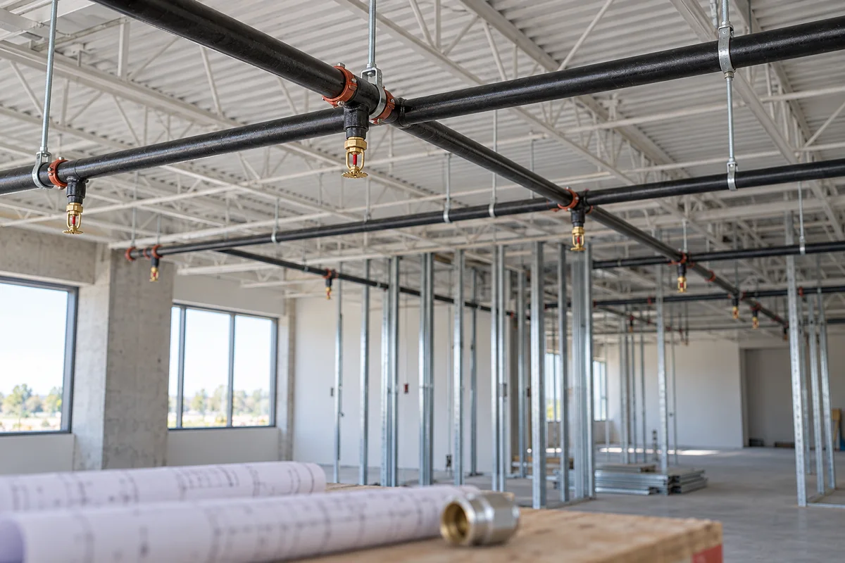 Black overhead fire sprinkler piping with pendent heads and hangers in an unfinished commercial interior, with rolled plans and a pipe fitting in the foreground.