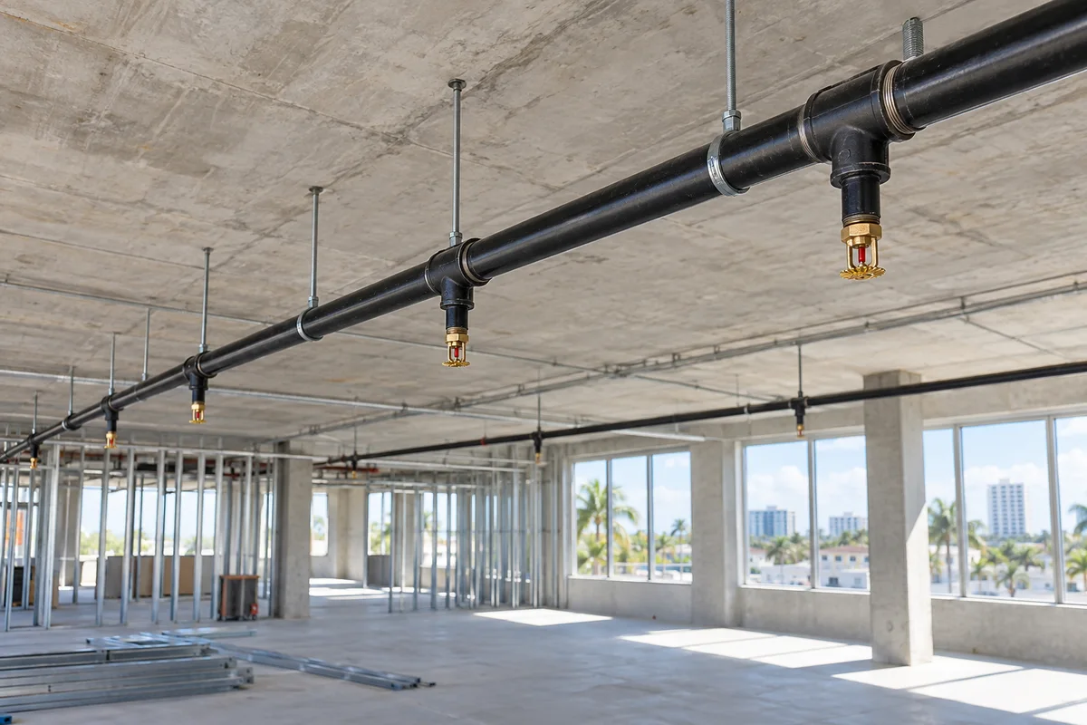 Wide unfinished commercial interior with black fire sprinkler branch piping, connected tees, short drops and brass pendent sprinkler heads on independent silver hangers beneath a concrete slab, with bright windows and metal-stud framing.