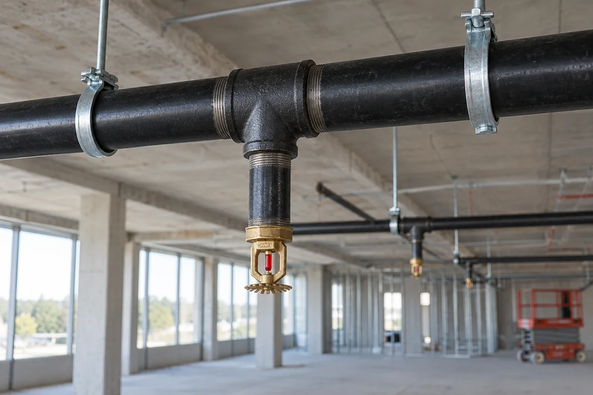 Black fire sprinkler branch piping independently supported from the overhead structure, with a tee, short drop and brass pendent sprinkler in an unfinished commercial interior and an idle orange scissor lift behind it.