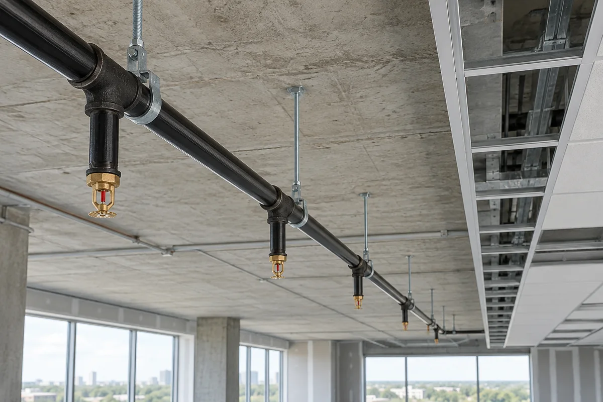 New black steel fire sprinkler branch piping with threaded tee fittings, short drops and brass pendent heads on galvanized hangers below a concrete ceiling, with a partial suspended ceiling grid at right.