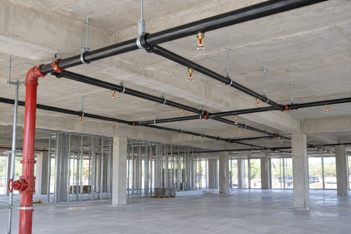 Overhead black steel fire sprinkler piping with pendent brass heads, hangers and a red riser in an unfinished concrete commercial building.