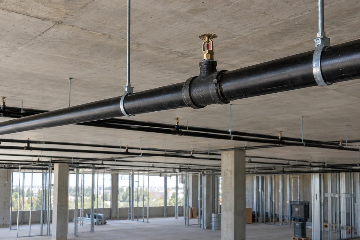 Black steel sprinkler branch piping supported by threaded rods beneath an unfinished concrete ceiling in a new commercial building, with a brass upright sprinkler head threaded into a reducing tee.