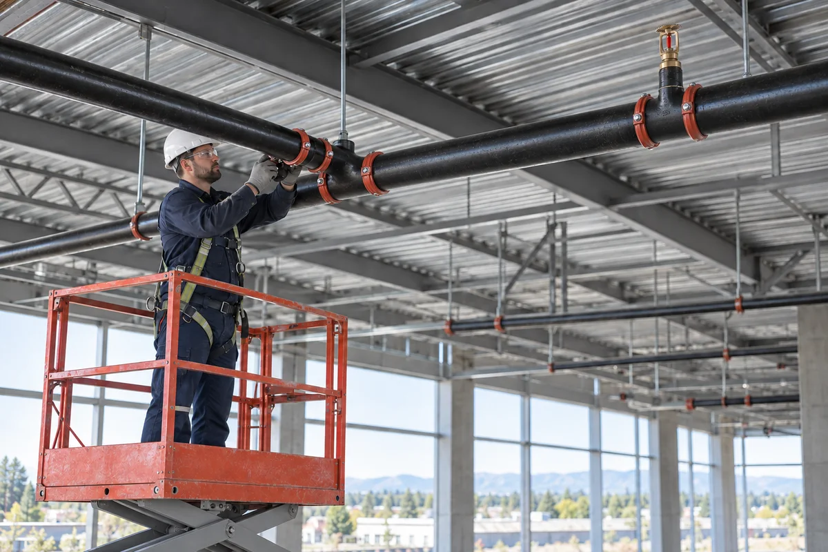 Installer in navy workwear and hard hat working on connected overhead black steel sprinkler piping from a guarded scissor lift, with a brass upright sprinkler head on a reducing tee in a commercial construction interior.