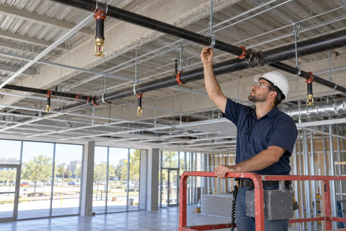Hard-hatted technician with safety glasses checks a hanger on overhead fire sprinkler piping from a railed work platform, with pendent heads and unfinished ceiling grid visible.