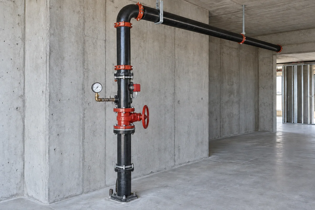 Connected black steel fire sprinkler riser emerging from the floor with a red control valve and pressure gauge, turning through a 90-degree elbow into a supported overhead main in an unfinished concrete commercial interior.