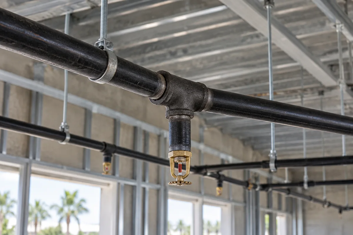 Close-up of black steel fire sprinkler branch piping with a threaded tee, drop nipple and brass pendent sprinkler head on separate silver hangers in an unfinished storefront ceiling.
