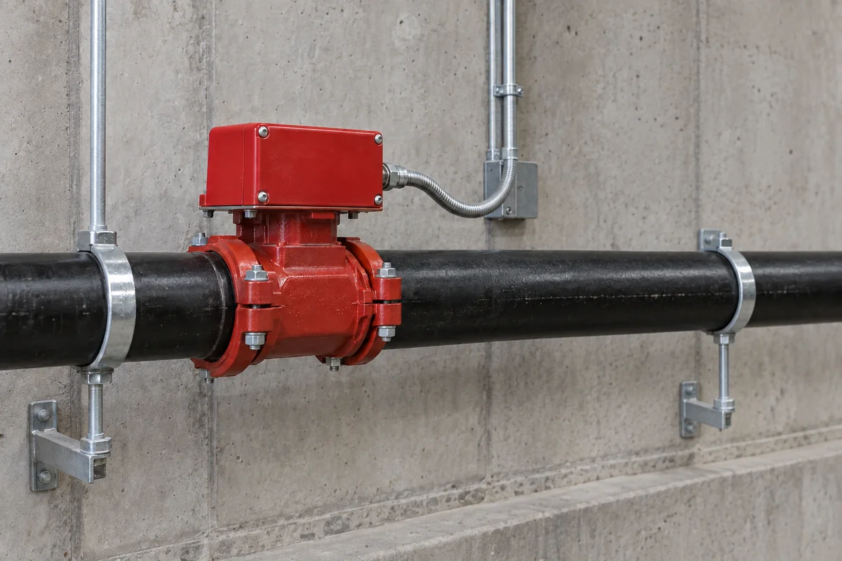Horizontal black steel sprinkler main with a red waterflow detector housing, flexible metal conduit to a wall junction box, and wall supports against unfinished concrete.