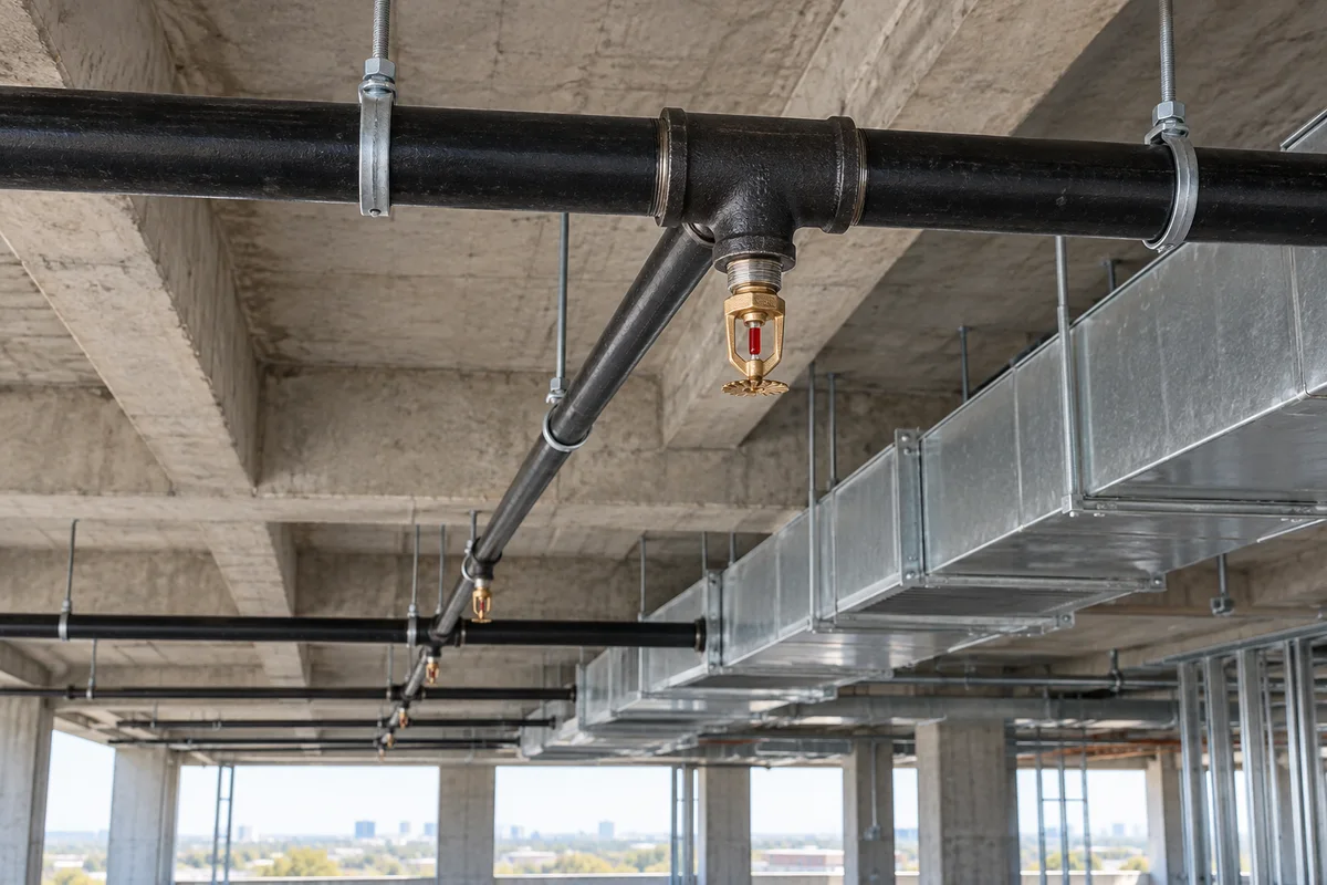 Connected black steel fire sprinkler piping supported by threaded-rod hangers below concrete beams, with a brass pendent sprinkler in a reducing tee and silver rectangular ventilation ducts alongside in an unfinished commercial interior.