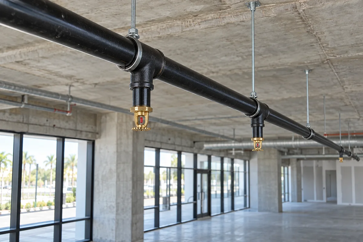 Diagonal black fire sprinkler branch piping with tee fittings, short drops and brass pendent sprinkler heads on silver support rods beneath a concrete slab in an empty glass-front commercial interior.
