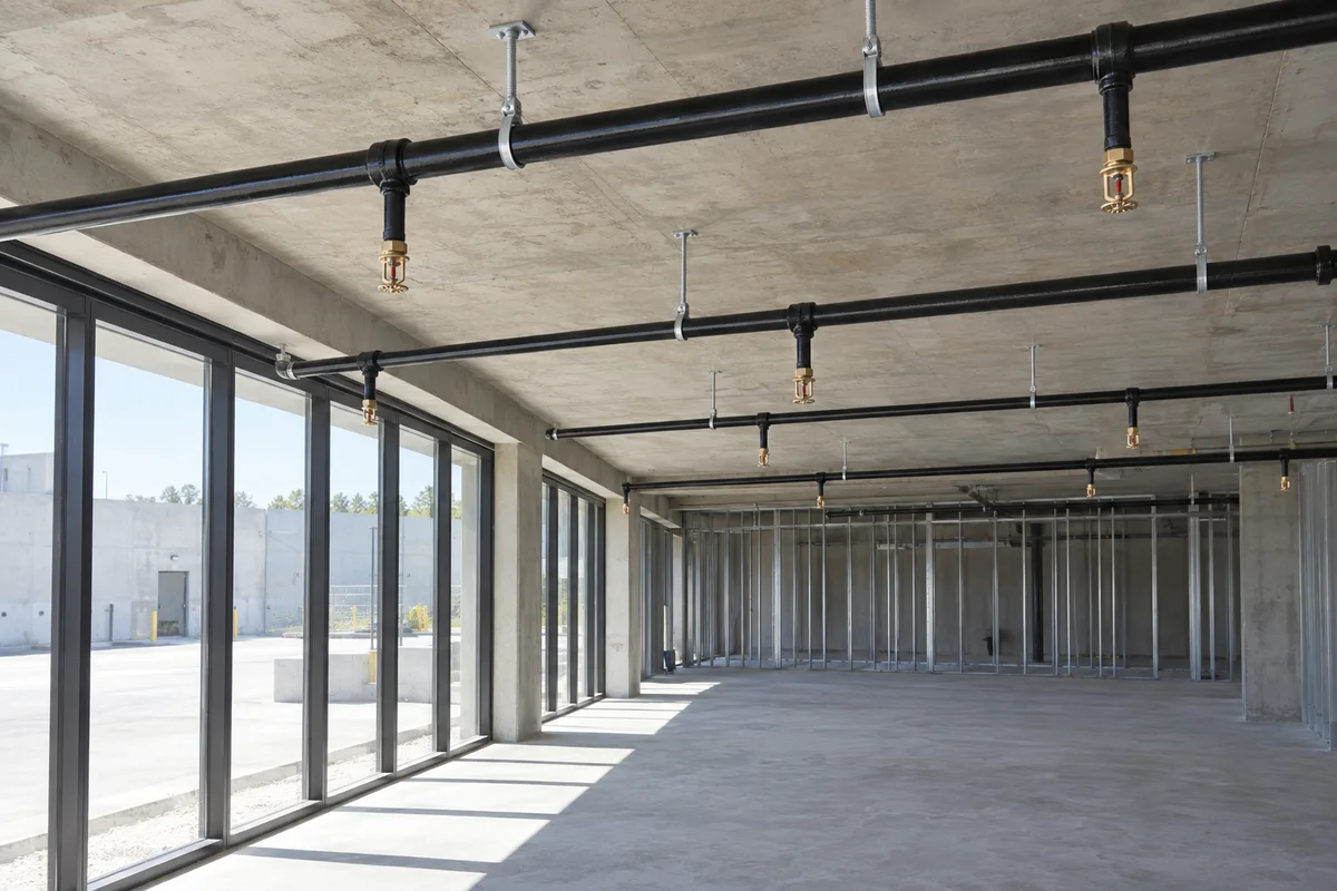 Black fire sprinkler branch lines with threaded tee fittings, short drops and brass pendent heads on silver hangers below exposed concrete in an unfinished commercial room with large windows.