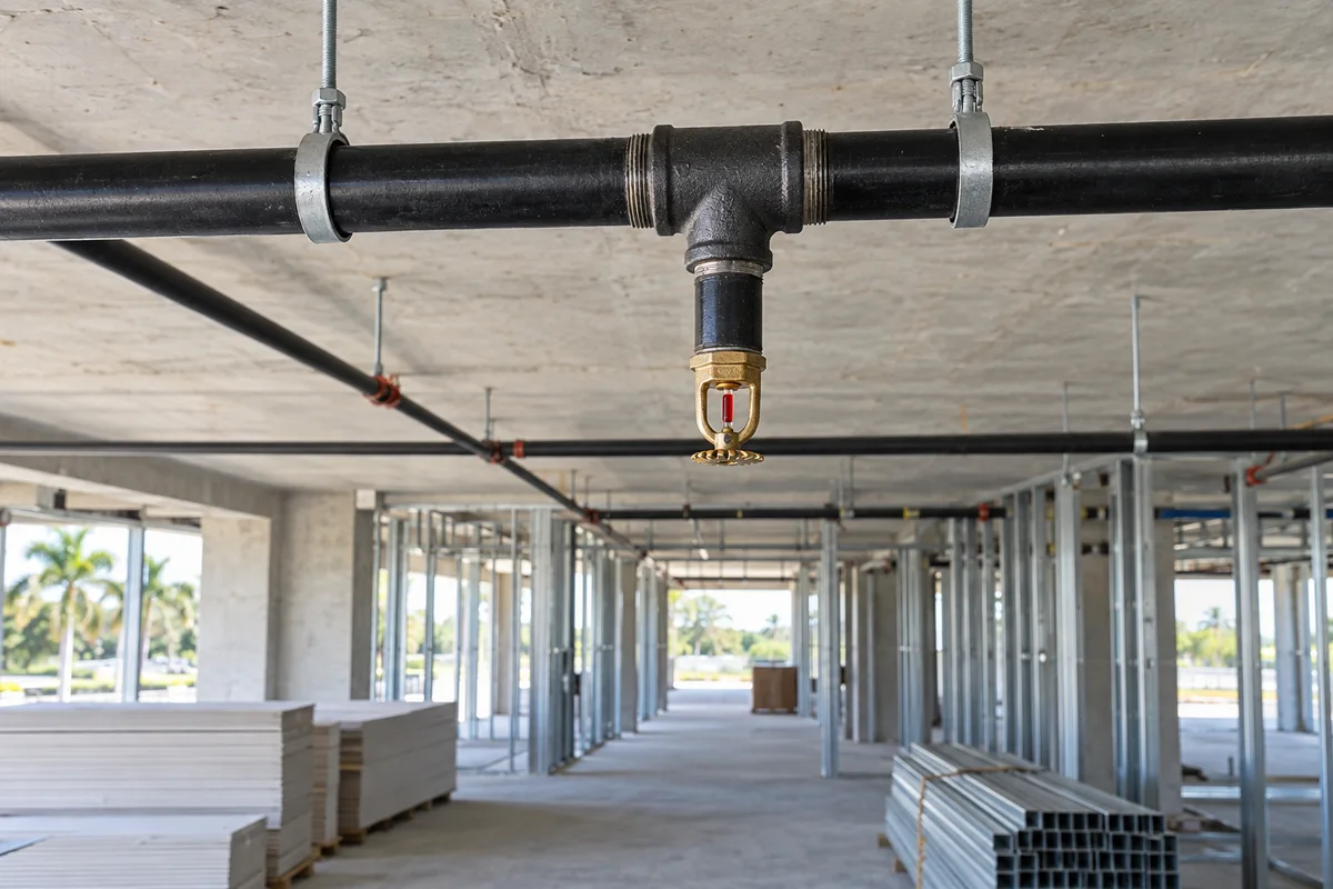 Black fire sprinkler pipe with a threaded tee, short drop and brass pendent sprinkler independently supported beneath a concrete slab in an unfinished metal-stud commercial corridor with stacked construction materials nearby.
