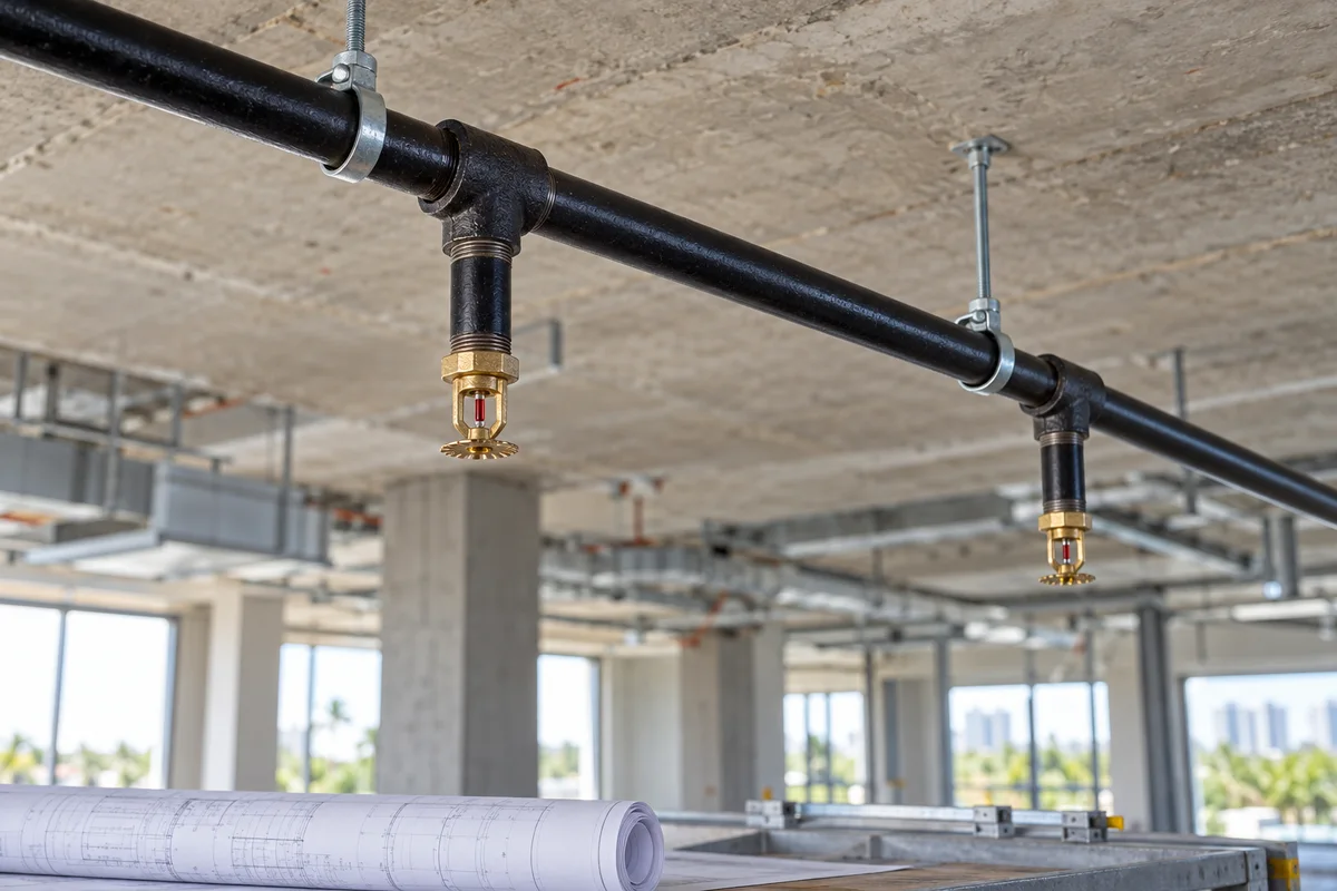 Black fire sprinkler branch piping with two threaded tees, short drops and brass pendent sprinkler heads on separate silver hangers beneath an exposed concrete commercial ceiling, with rolled plans in the foreground.