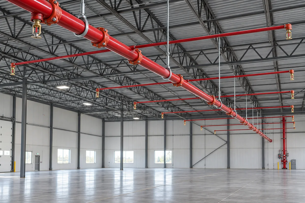 Red overhead fire sprinkler mains and branch lines with pendent brass sprinkler heads and hangers beneath steel roof joists in an empty commercial warehouse, with a red riser on the far wall.