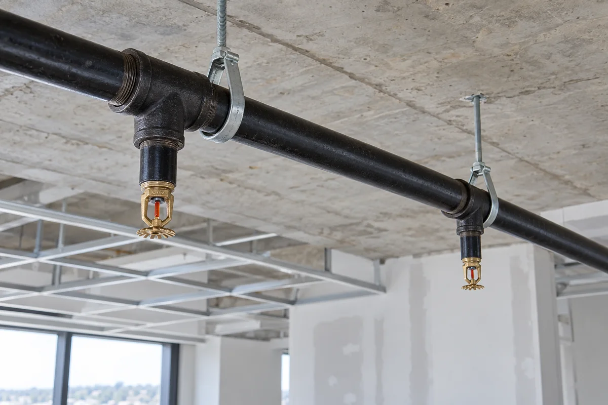 Two brass pendent sprinkler heads below black threaded tees and short drops on silver hangers beneath an exposed concrete ceiling beside a partial suspended ceiling grid.