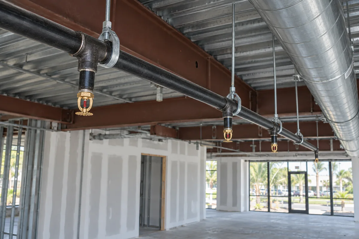 Black fire sprinkler branch piping with threaded tees, short drops and brass pendent heads on silver hangers beside a parallel silver ventilation duct under an exposed steel ceiling.