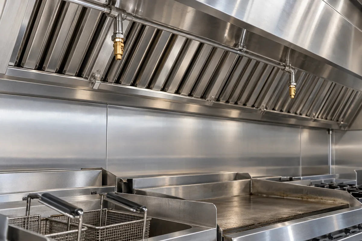 Brass fire suppression nozzles beneath a stainless commercial kitchen hood above fryer baskets and a griddle.
