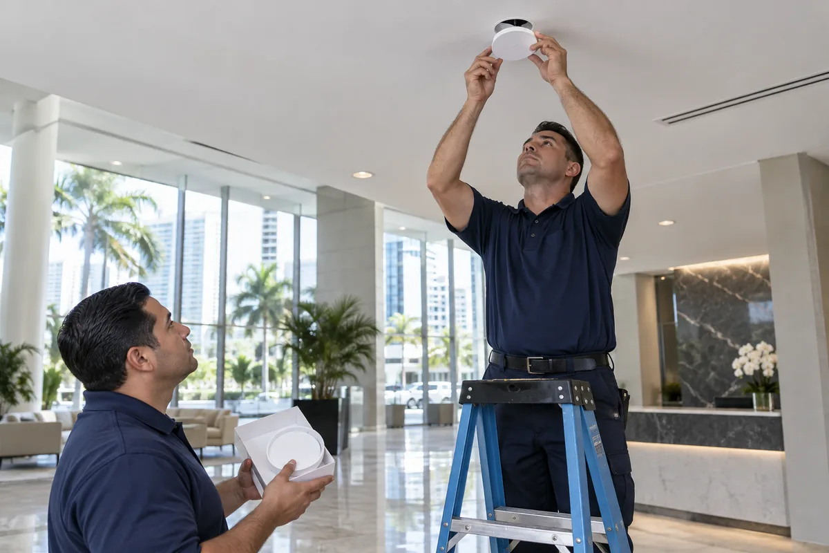 Navy-clad technician on a blue platform ladder aligning a round white concealed fire sprinkler cover plate at a ceiling opening while another technician holds a replacement plate below.