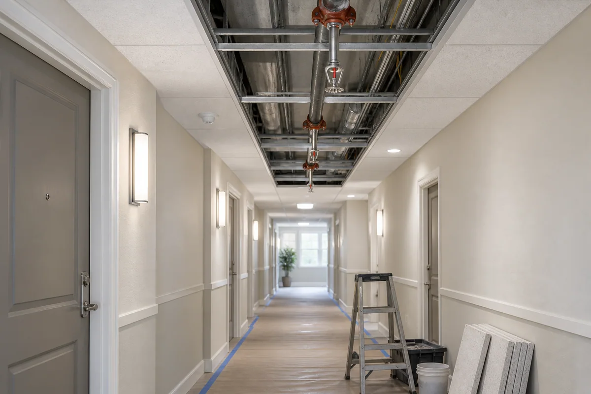 Exposed fire sprinkler pipe and pendant heads above a condominium corridor with ceiling tiles removed and floor protected.