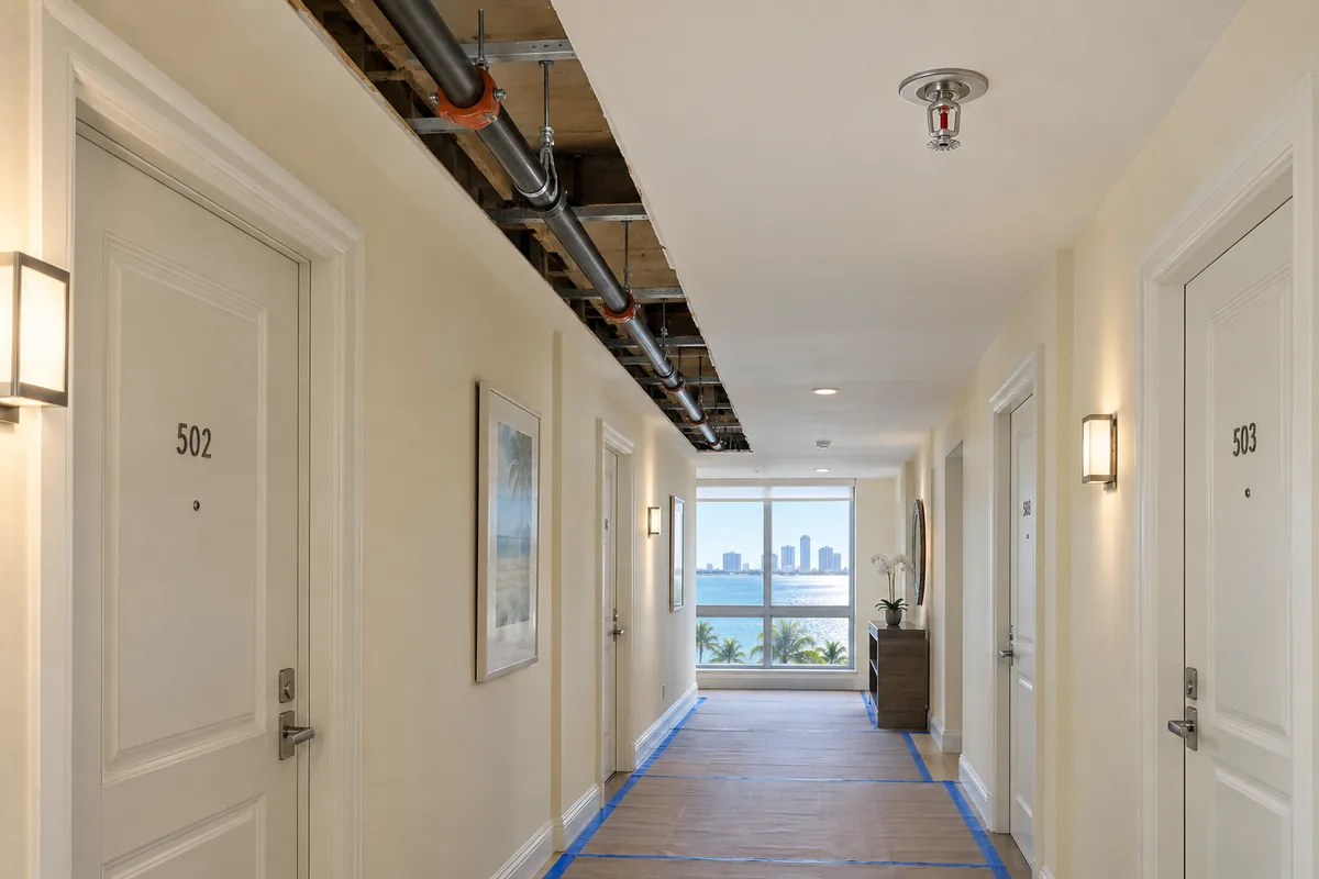 finished condominium corridor with a narrow ceiling opening revealing black fire sprinkler piping, an installed ceiling sprinkler, protected flooring and coastal daylight.