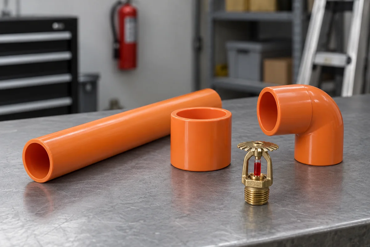Orange CPVC pipe section with a separate orange coupling and elbow beside a brass fire sprinkler with a red glass bulb on a gray workbench.