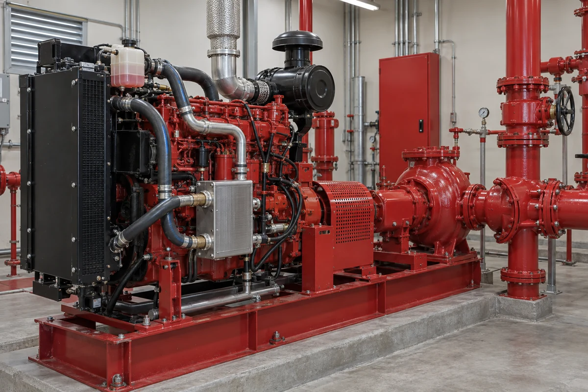 Red diesel engine coupled to a red centrifugal fire pump with guarded coupling, black radiator, coolant reservoir, thick coolant hoses, silver rectangular heat exchanger, red fire piping, and a closed red cabinet.